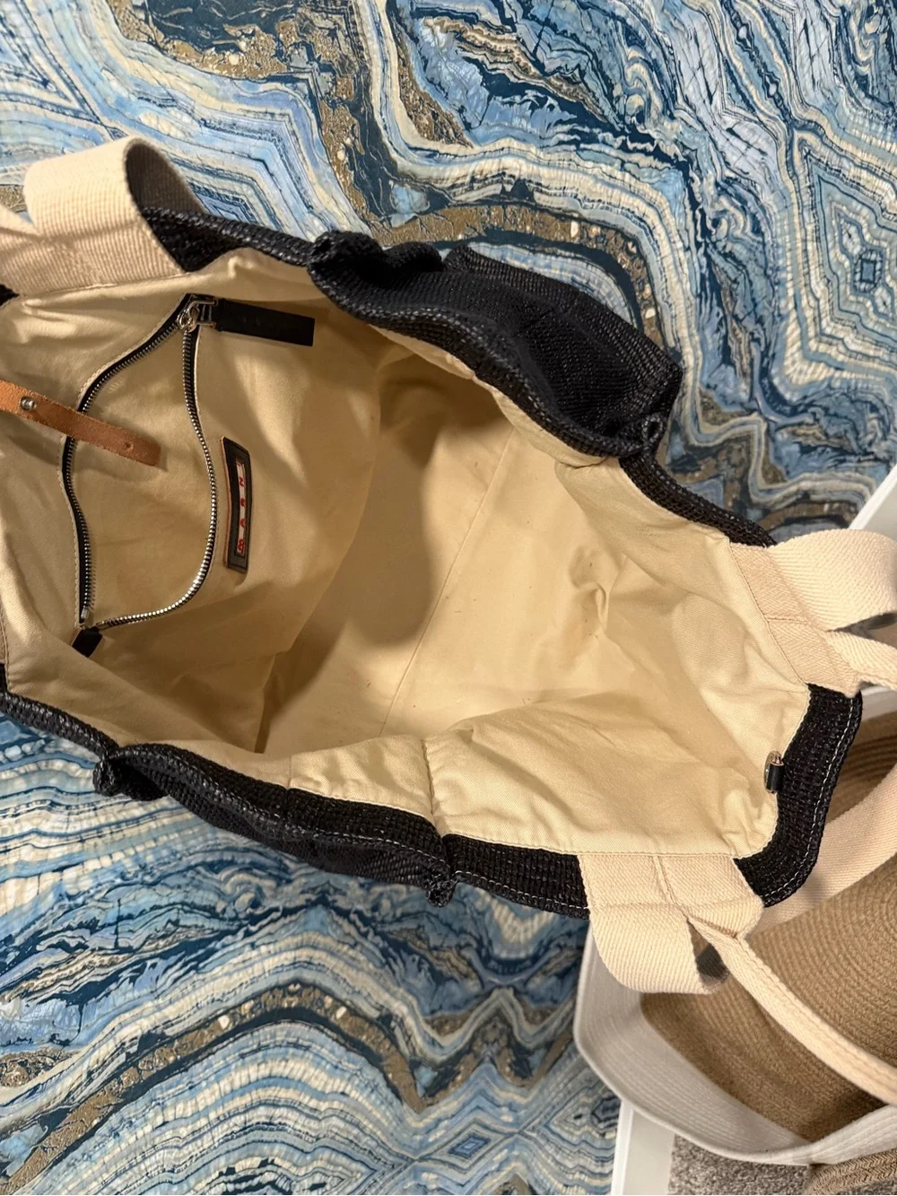 Marni Black Woven Tote with Cream Handles